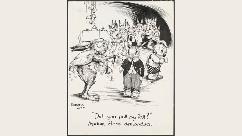 Drawing of a rabbit and a hare at a party