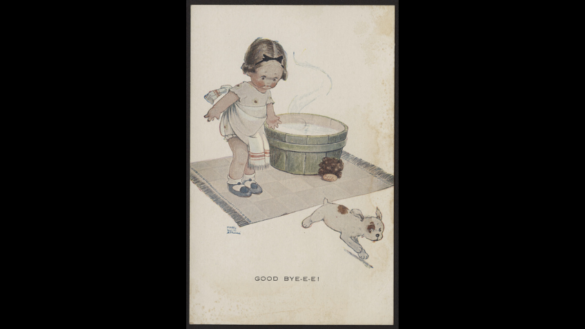 Cartoon of girl with bucket of water, dog running away