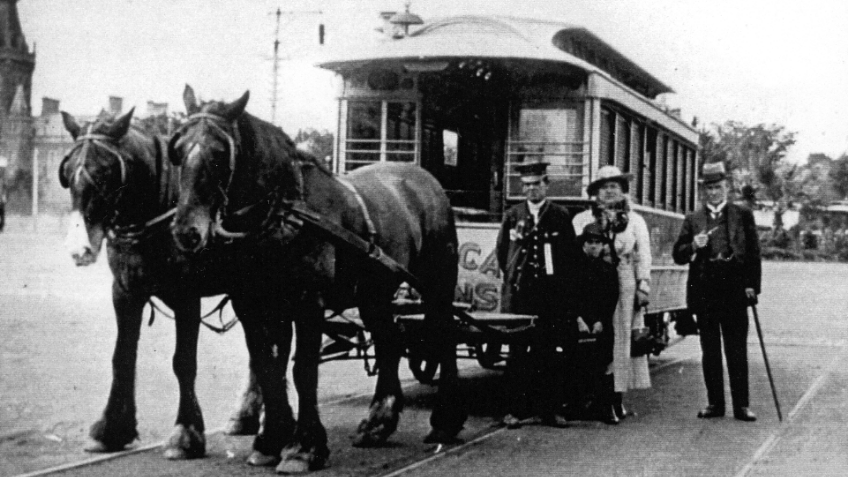 Black and white photo of two horses in front of a tram