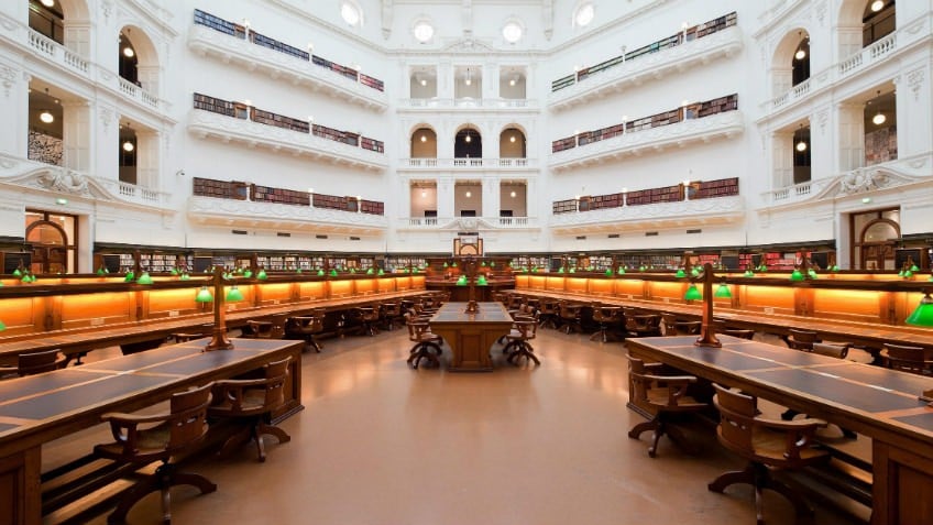 Horizontal view of reading desks and gallery balconies in octagonal reading room