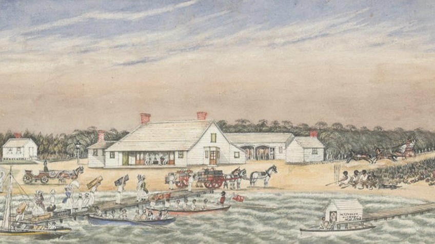 Colonial-era watercolour of busy beach scene with buildings, people, animals and boats
