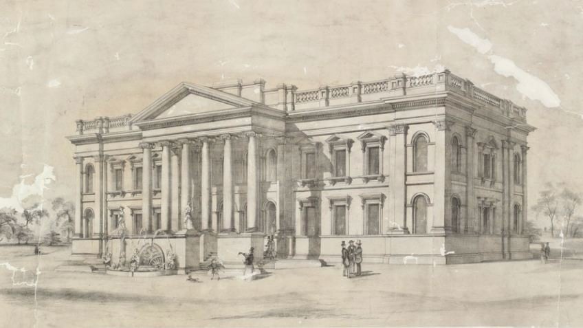 Sepia etching of classically fronted building with portico and columns