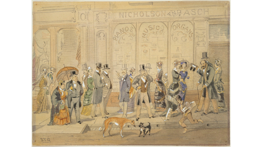 Painting of people on Collins St in 1880