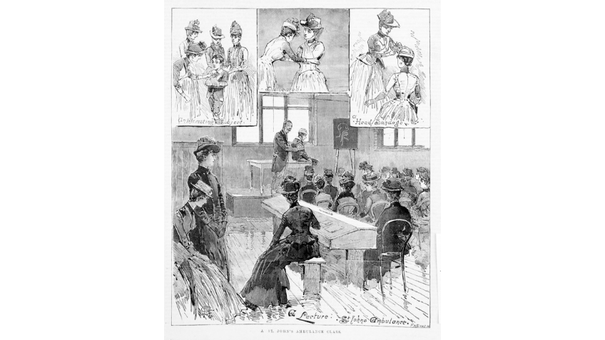 Black and white drawing of people in class
