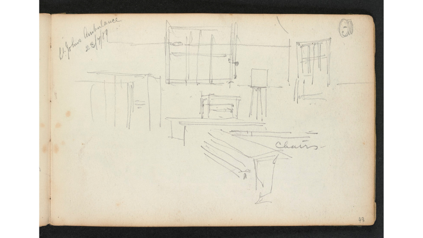 Black and white sketch of tables and chairs