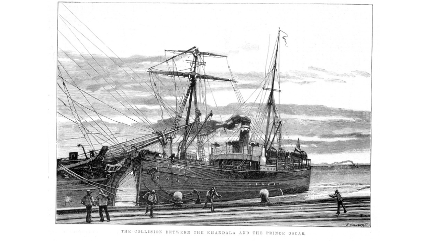 Black and white sketch of an accident between two ships