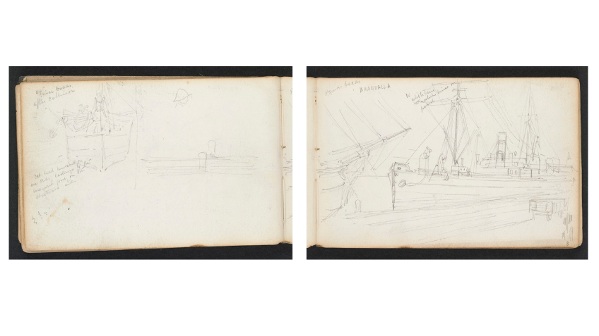 Black and white sketch of a ship 