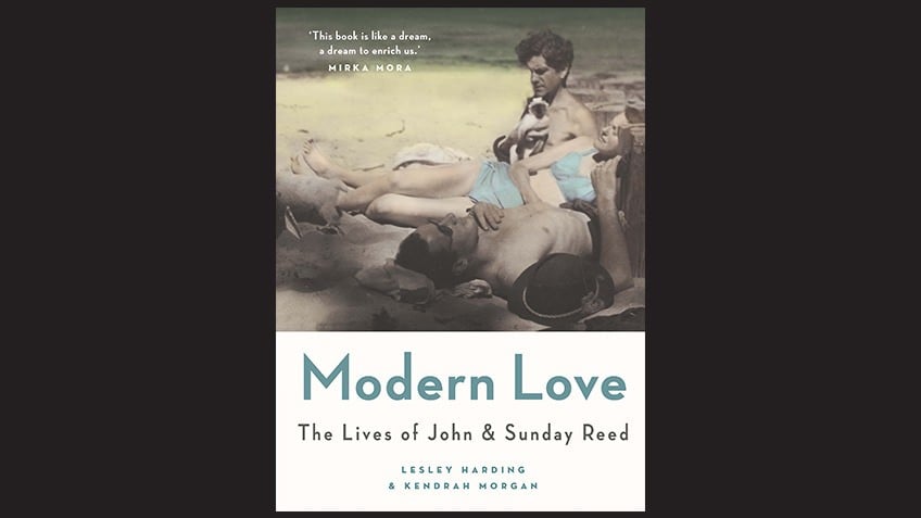 Book cover with image of three sunbathers and text: Modern Love: The lives of John and Sunday Reed by Lesley Harding and Kendrah Morgan