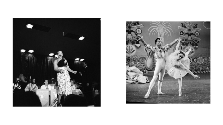 Two black and white photos of ballet dancers