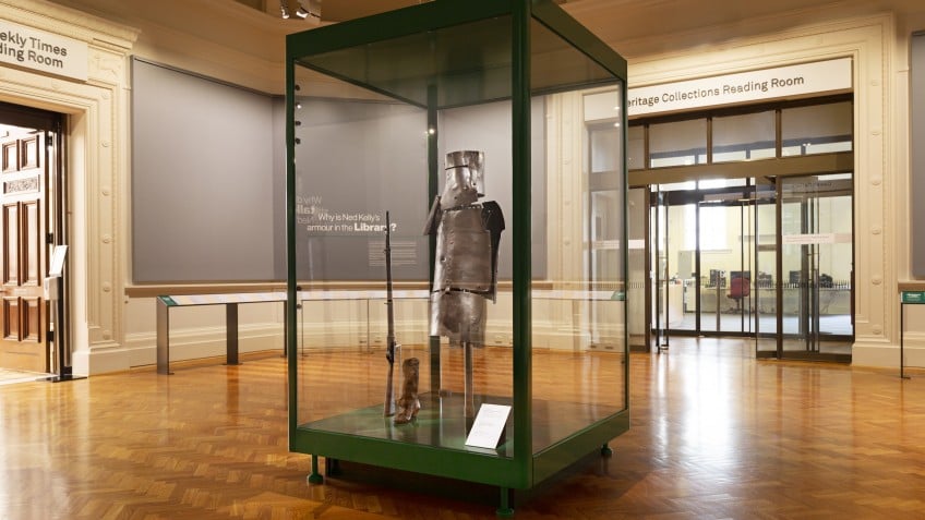 Armour of Ned Kelly in a glass display box 