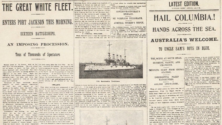 historical newspaper from WWI with Great White Fleet headline