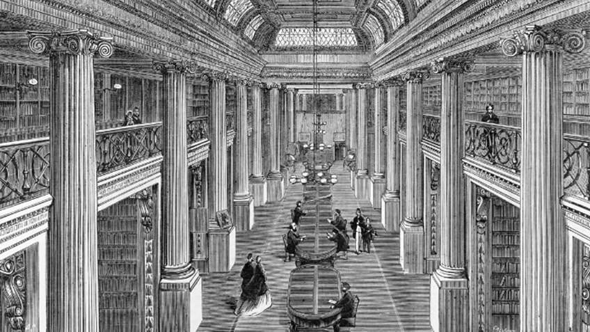 1866 engraving of Queen's Hall reading room
