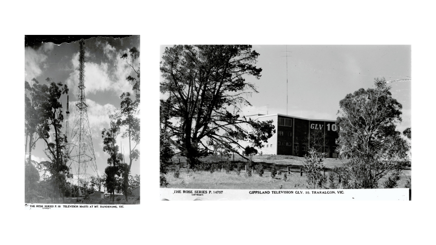 Two black and white image of TV towers