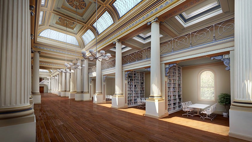 Colour photo of artists impression of redeveloped Queen's Hall Gallery at State Library Victoria