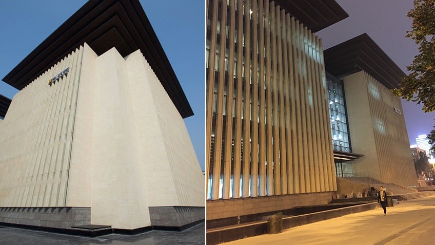 Two views of modern Sichuan Public Library building, with vertical concrete columns and overhanging roof