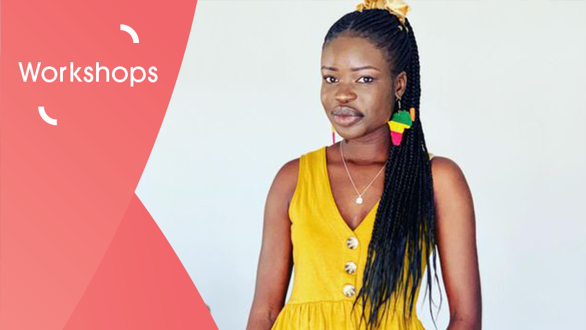 A portrait shot of Flora Chol wearing a sleeveless yellow dress and large, colourful earrings.