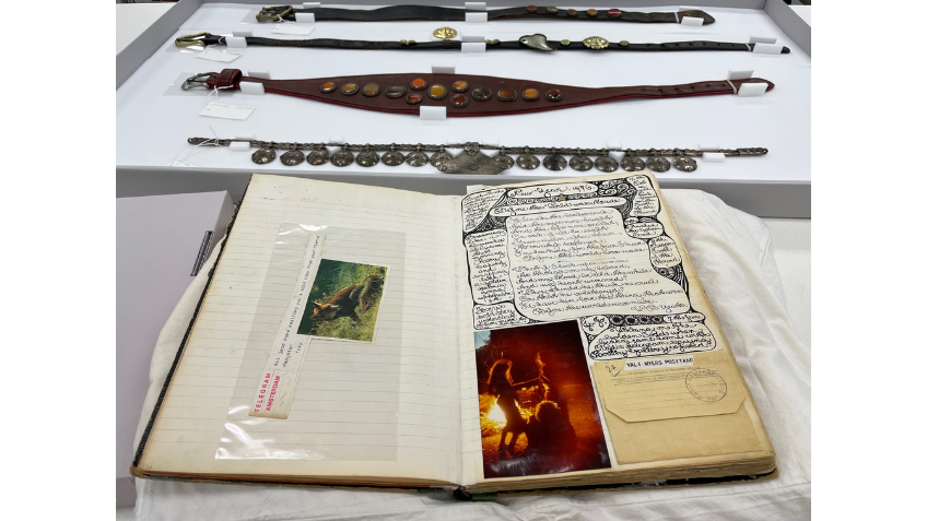 An open book with messy handwriting and images covering the pages
