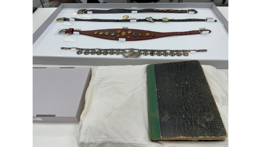 A closed book with a black cover sitting on a white pillow, with rows of belts behind it