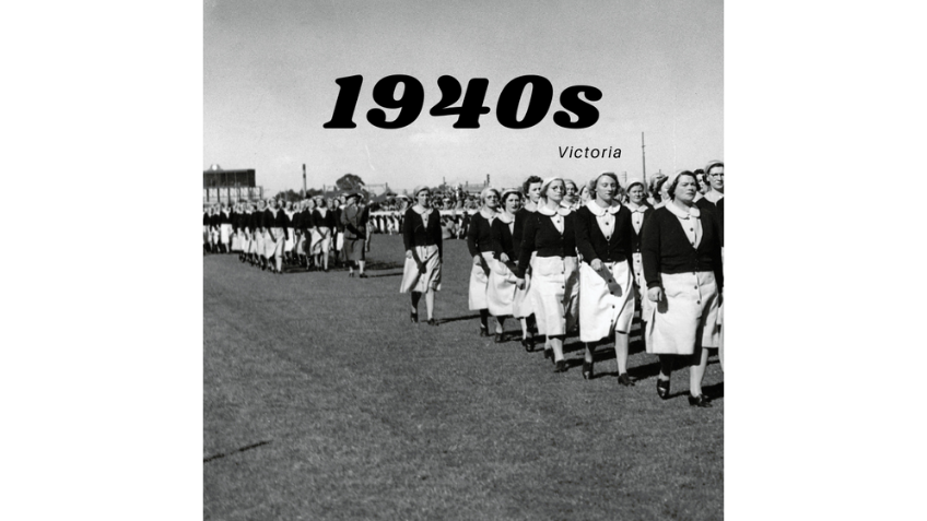 Black and white photo of women marching with '1940s' in black text
