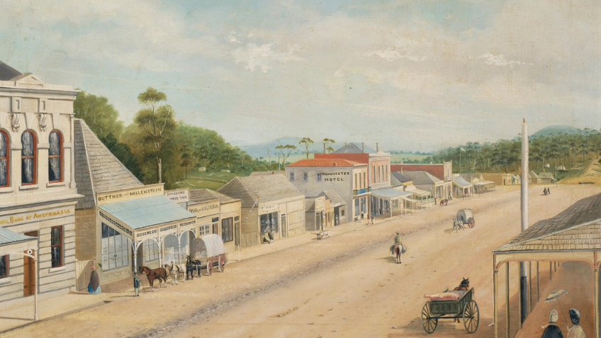 An illustration of a dirt road town centre
