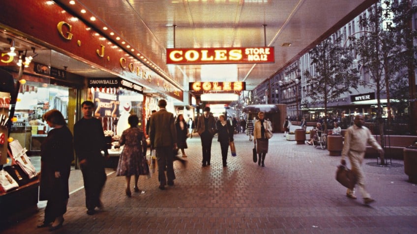 Colour photo of Coles Bourke Street Mall store c late 1970s featuring shoppers and passers-by
