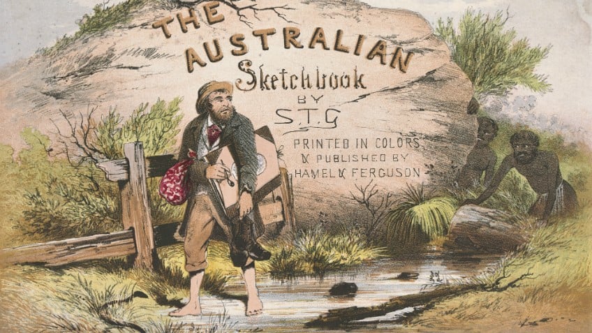 Australian sketchbook by ST Gill cover image of self-portrait carrying a folio and a snake at his feet