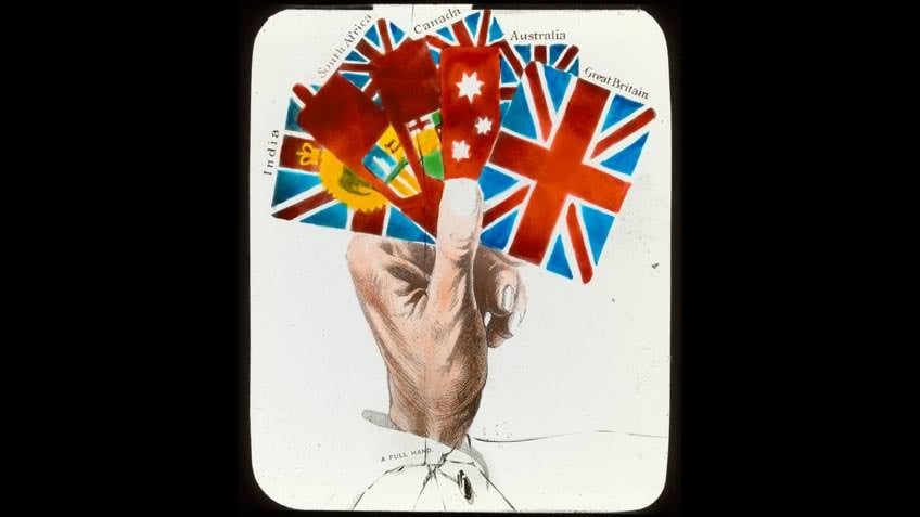 Lantern slide print, the British Empire's flags: India, South Africa, Canada, Australia (detail)