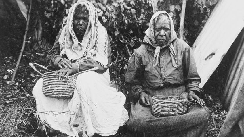 Aboriginal women making baskets at Lake Tyers, 1930s