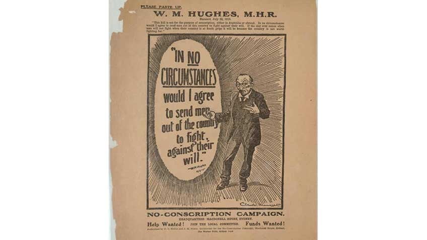Anti-conscription cartoon featuring prime minister Billy Hughes