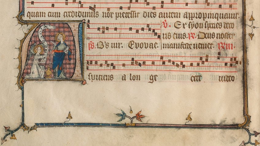 detail of medieval manuscript with musicians and musical score