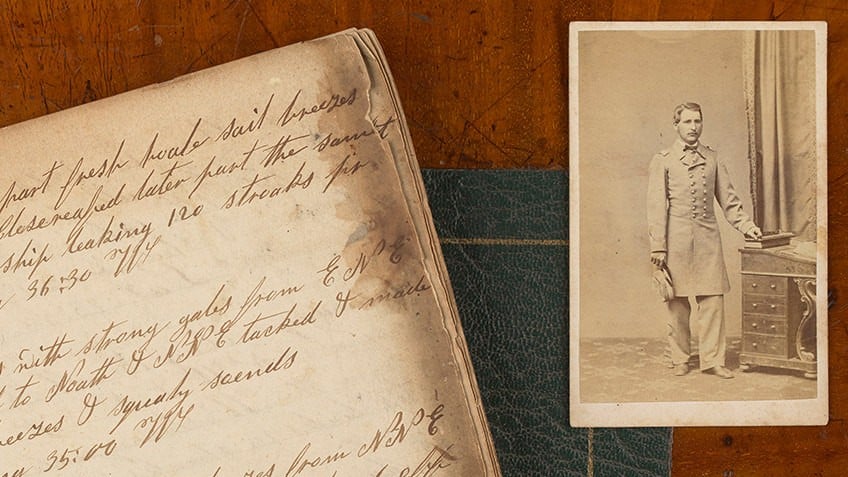 A page of cursive handwriting is placed beside a sepia portrait of a US Confederate soldier