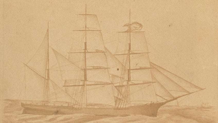 Sepia drawing of a clipper ship, the CSS Shenandoah, at sea