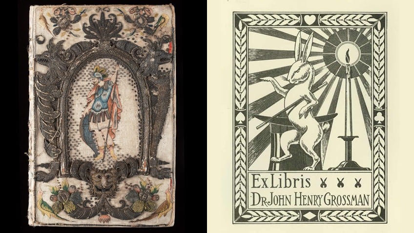 Shows a embroidered cover on the left and a book plate with a rabbit on the right