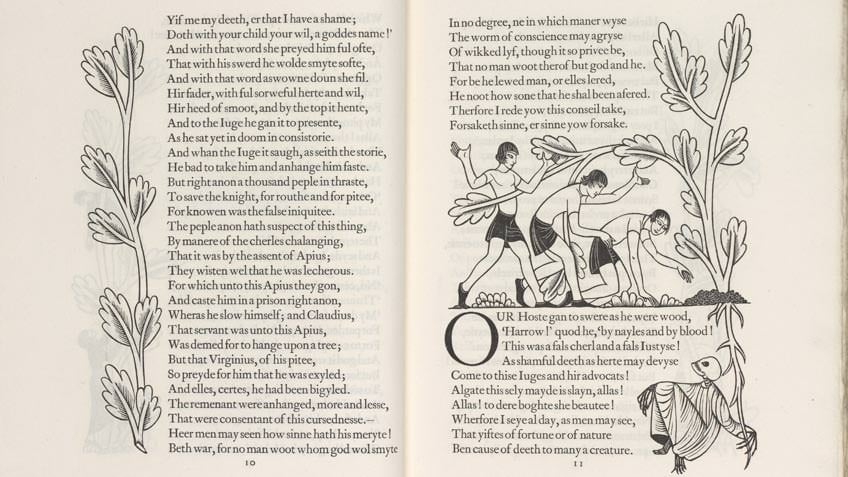 Pages from 'The Canterbury tales', wood engravings by Eric Gill, wood engraving