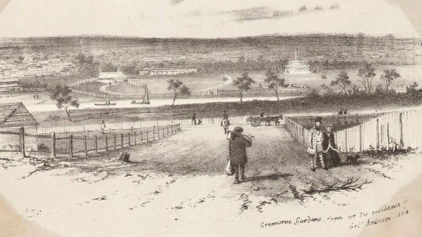 Etching of Cremorne Gardens, Richmond, viewed from across the Yarra River in 1854