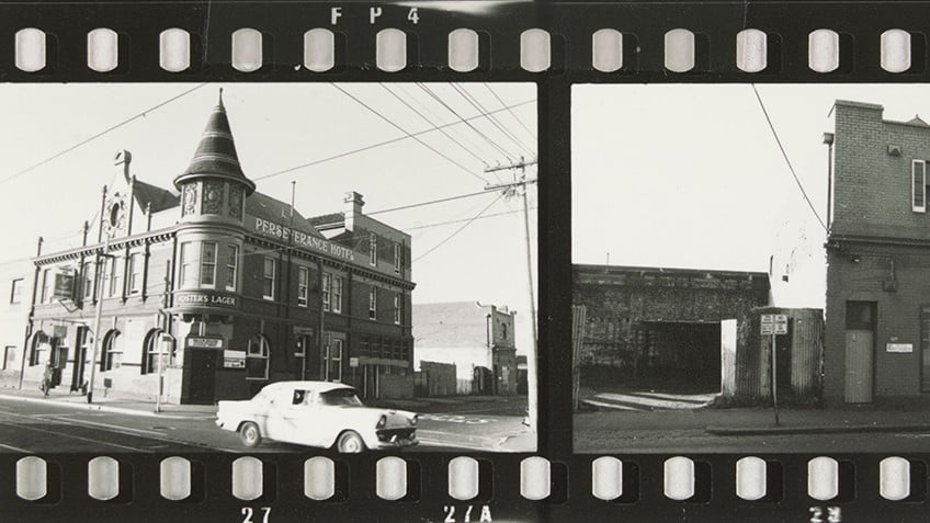 Photo of a film negative showing Fitzroy streetscapes