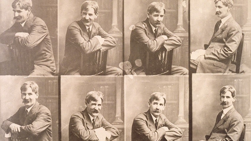 Shows 8 sepia portraits of Henry Lawson seated backwards on a chair