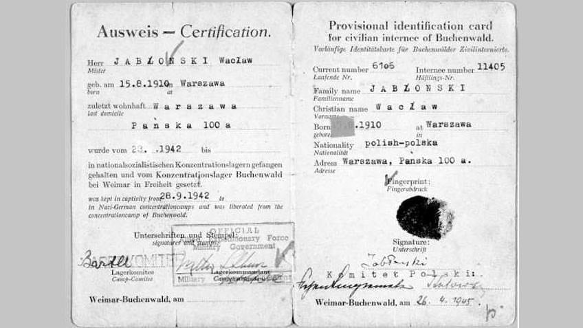 Identity card for Waclav Jablonski on liberation