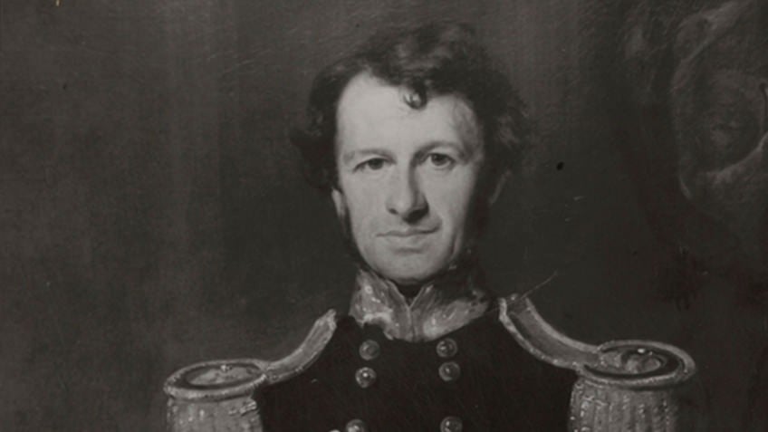 black and white crop of oil portrait of Governor La Trobe in uniform
