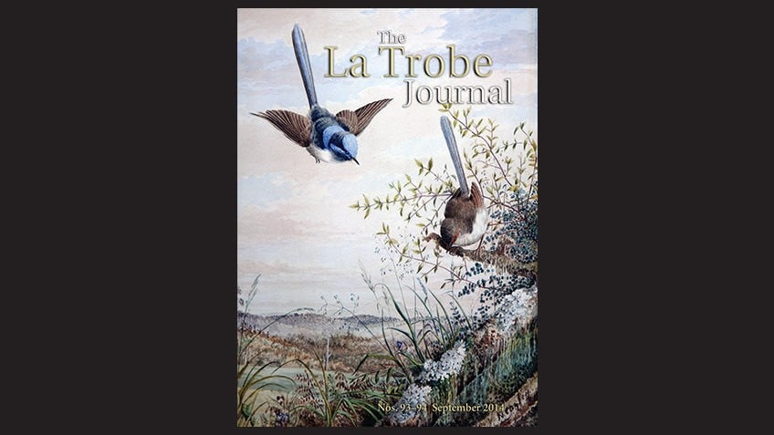 La Trobe Journal issue 93–94 title page featuring a flying blue wren with its nesting partner