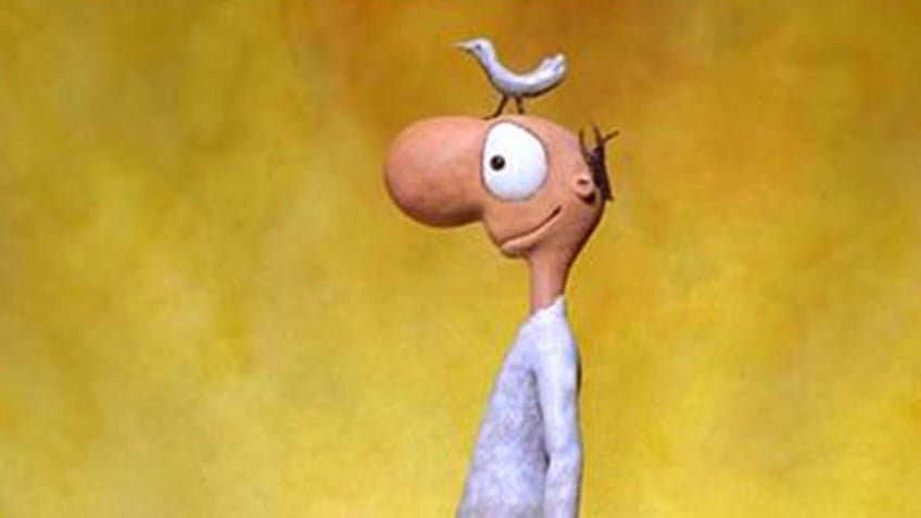 Leunig image of man with bird on head with yellow background