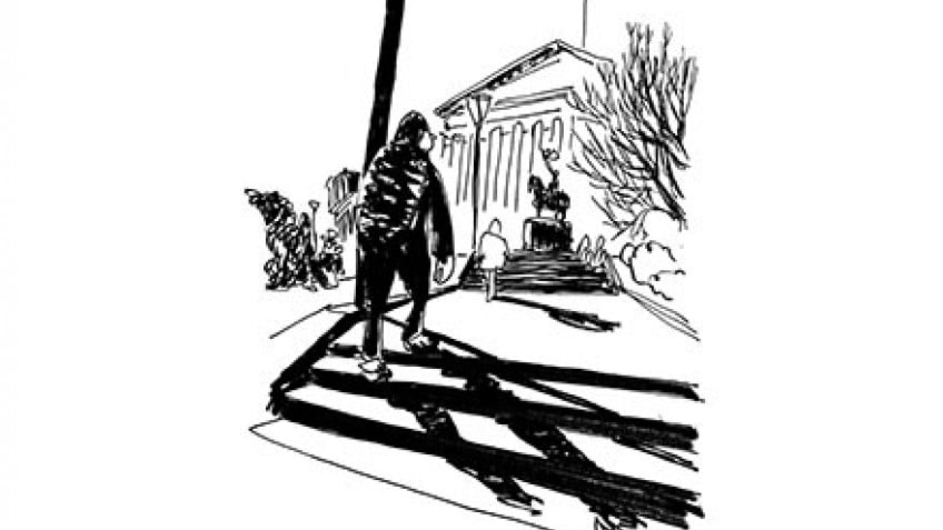 black and white cartoon drawing of a person walking up the Library steps by Oslo Davis
