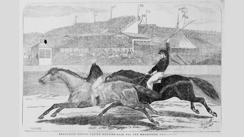 Wood engraving of the Melbourne Cup 1865, from the Illustrated Australian News