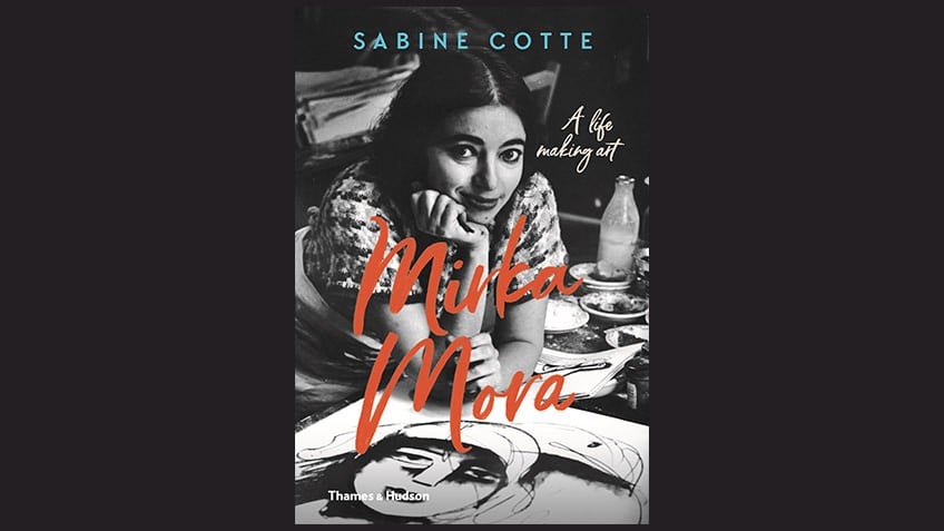 book cover with black and white portrait of smiling dark-haired woman with artworks