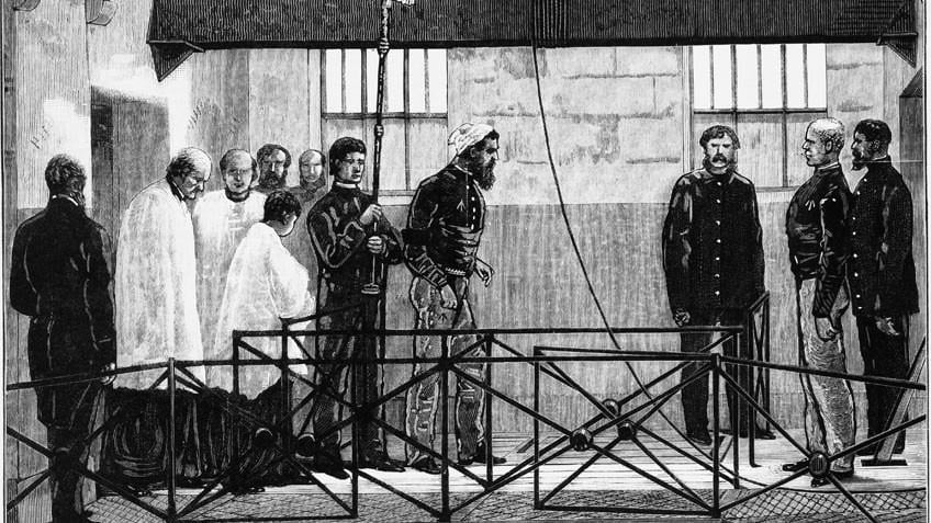 Black and white etching depicting the execution of bushranger Ned Kelly