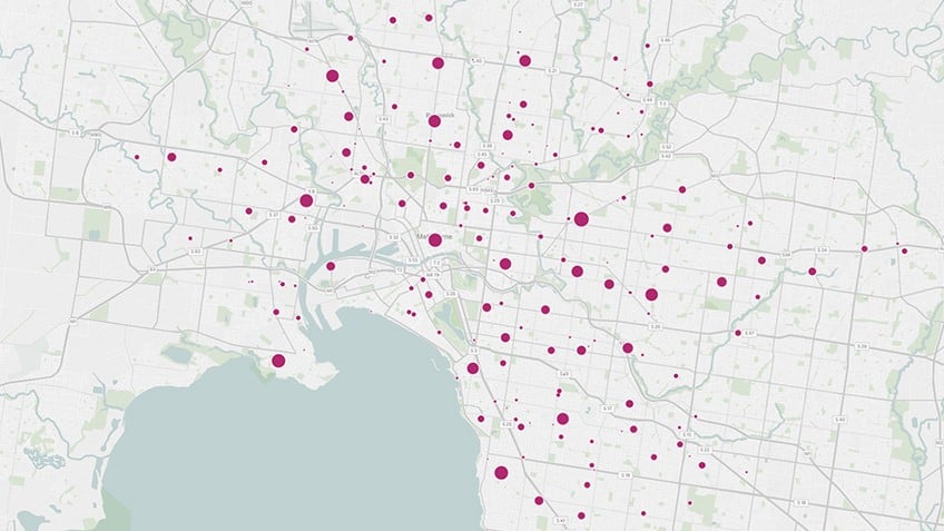 A map of greater Melbourne with dots marked all over it