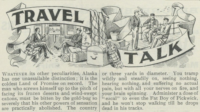 Newspaper snippet with the words Travel Talk, cartoons and text