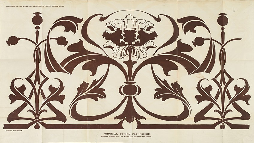 Sepia drawing of a 19th-century frieze detail for decorators featuring poppies