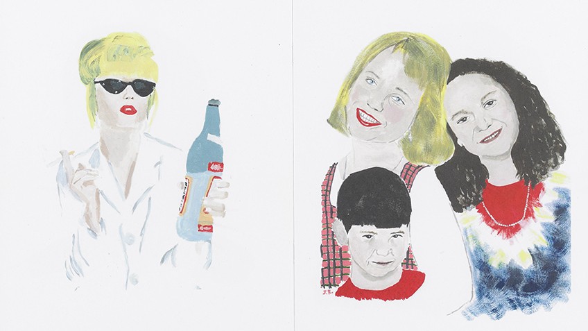watercolour on white background with three children and blonde woman with sunglasses and vodka bottle