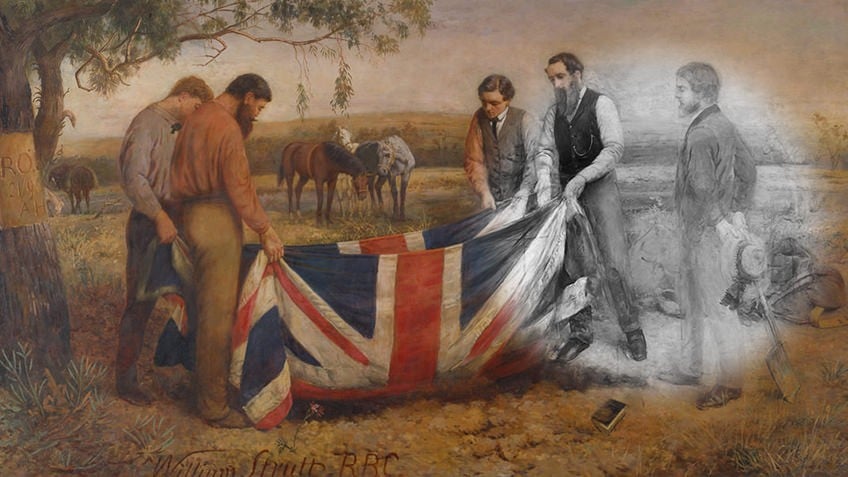 Depicts the finished painting with a circle showing the underlying x-ray.